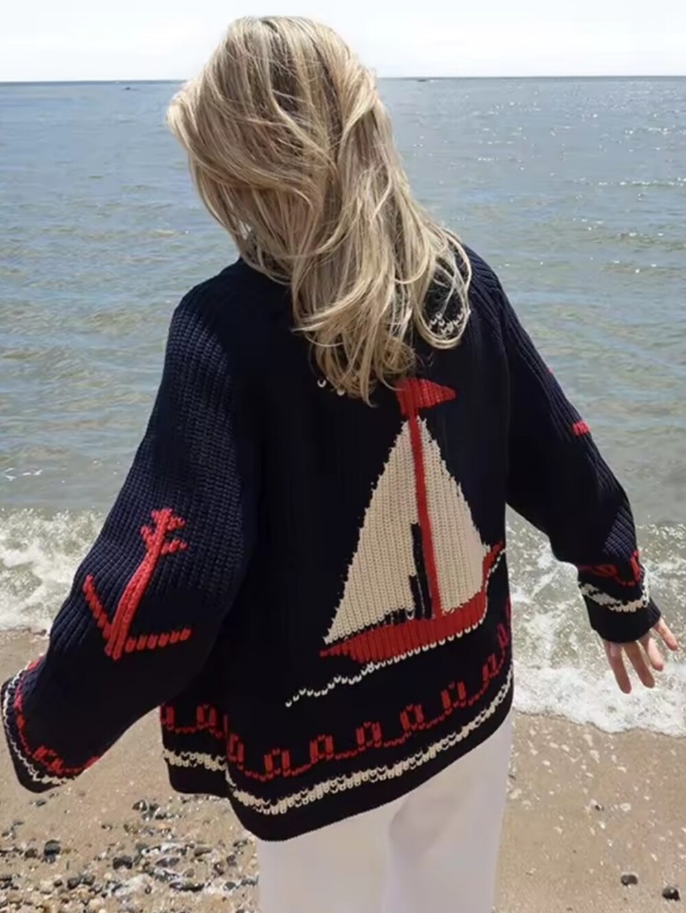 Navy Nautical Knit Sweater with Red & Cream Sailboat - Picture 2 of 3